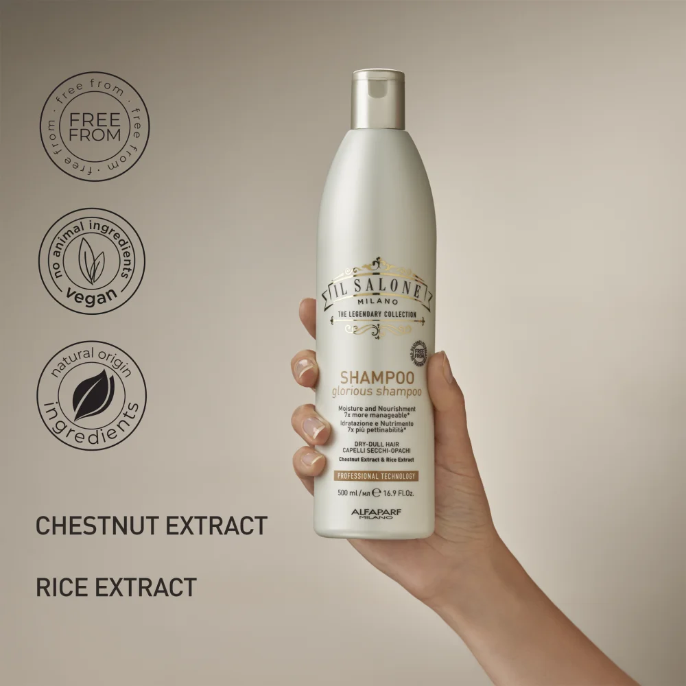 SHAMPOO GLORIOUS ALFAPARF MILANO CON PRODOTTI DI ORIGINE NATURALE E VEGANE.webp